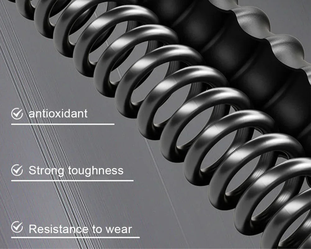 Black coiled spring with text on antioxidant, strength, and wear resistance on a gray background
